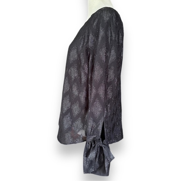 HALOGEN Sheer Black Metallic Diamond Brocade Sheer Long Sleeve Blouse | Size S - Picture 5 of 14